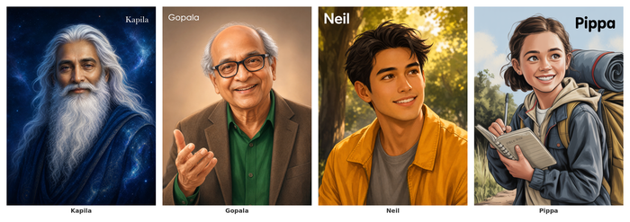 Kapila, Gopala, Neil and Pippa — the characters of Imagine Nature's Wheelwork